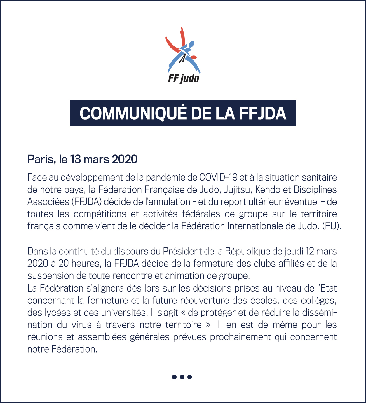 COMMUNIQU DE LA FFJDA FERMETURE DES CLUBS France Judo communiqu-de-la-ffjda-fermeture-des-clubs-france-judo